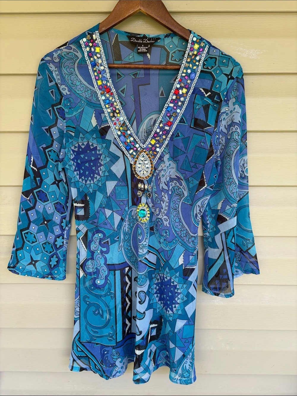 Bejeweled Blue Paisley V-Neck Tunic